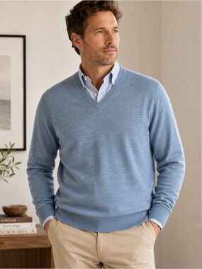 Turnbury Extra Fine Merino Wool V Neck Sweater Mens XL Light Blue Classic